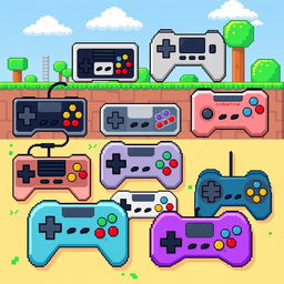 A colorful array of various 8-bit gamepads, featuring different designs and colors