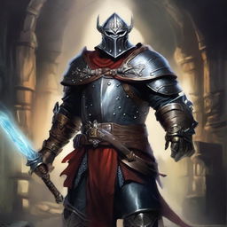 Create a fantastical character immersed in the world of Dungeons and Dragons, outfitted in heroic armor, holding magical items, standing sternly in a mysterious dungeon.