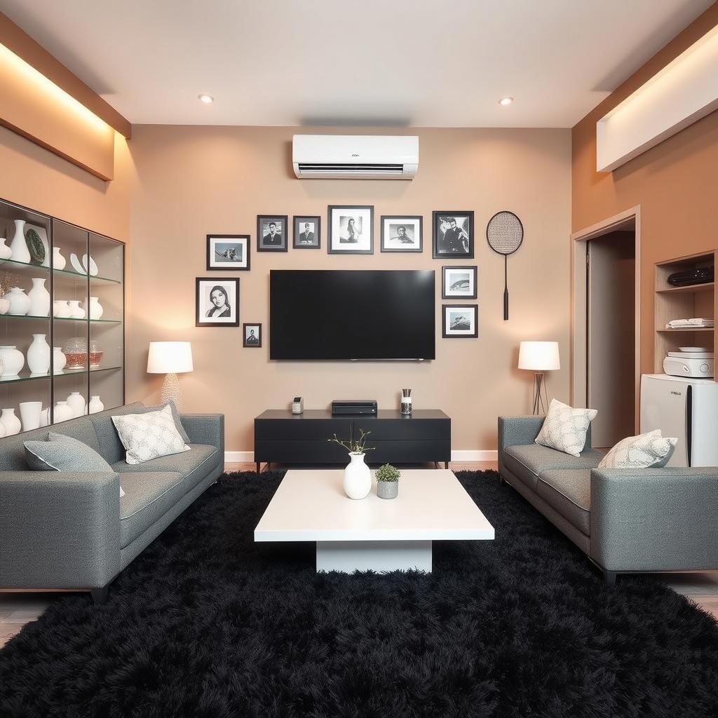 A spacious living room with a tall ceiling, featuring a stylish gray sofa and a sleek white coffee table at the center