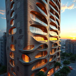 A detailed rendering of a 20-story, 80-meter building that combines bionic architecture with Iranian architectural elements, inspired by nature featuring fluid curves and natural geometric shapes