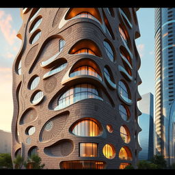 A detailed rendering of a 20-story, 80-meter building that combines bionic architecture with Iranian architectural elements, inspired by nature featuring fluid curves and natural geometric shapes