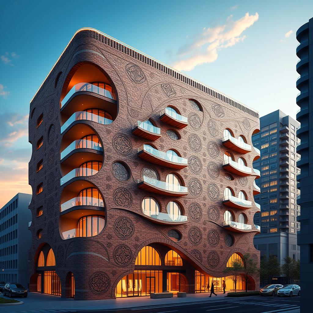A detailed rendering of a 20-story, 80-meter building that combines bionic architecture with Iranian architectural elements, inspired by nature featuring fluid curves and natural geometric shapes