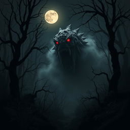 A monstrous creature emerging from the shadows in a dark, eerie forest