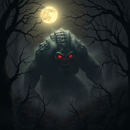 A monstrous creature emerging from the shadows in a dark, eerie forest