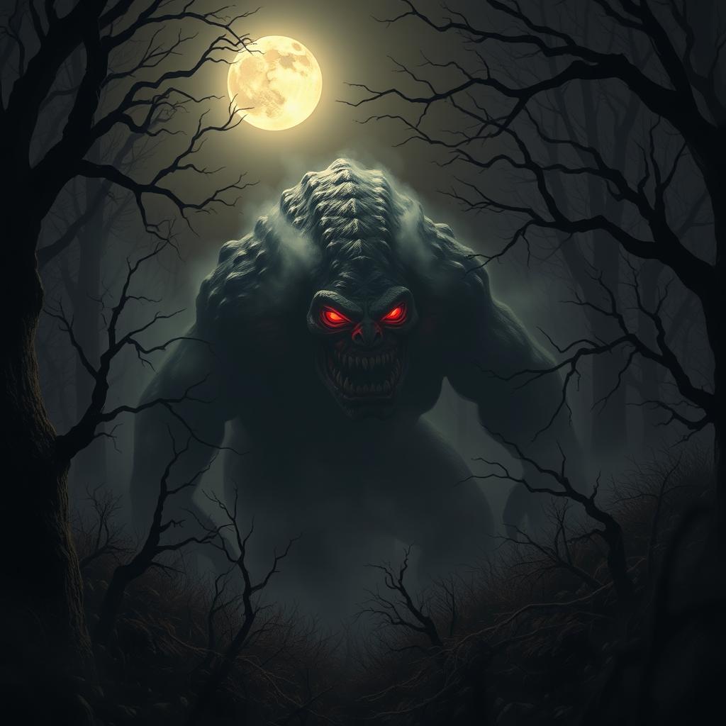 A monstrous creature emerging from the shadows in a dark, eerie forest