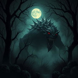 A monstrous creature emerging from the shadows in a dark, eerie forest