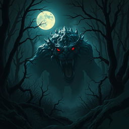 A monstrous creature emerging from the shadows in a dark, eerie forest