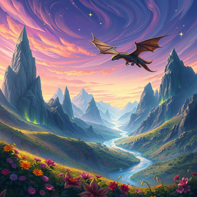 A digital painting of a fantastical landscape with towering crystalline mountains, glowing rivers, and vibrant flora