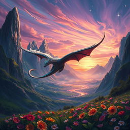 A digital painting of a fantastical landscape with towering crystalline mountains, glowing rivers, and vibrant flora