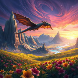 A digital painting of a fantastical landscape with towering crystalline mountains, glowing rivers, and vibrant flora