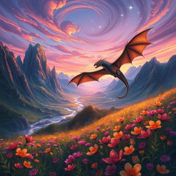A digital painting of a fantastical landscape with towering crystalline mountains, glowing rivers, and vibrant flora