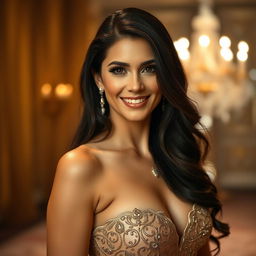 A glamorous portrait of a woman resembling Antonella Roccuzzo, showcasing her long dark hair and radiant smile