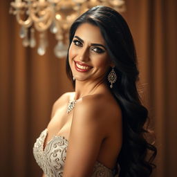 A glamorous portrait of a woman resembling Antonella Roccuzzo, showcasing her long dark hair and radiant smile