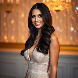 A glamorous portrait of a woman resembling Antonella Roccuzzo, showcasing her long dark hair and radiant smile