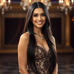 A glamorous portrait of a woman resembling Antonella Roccuzzo, showcasing her long dark hair and radiant smile