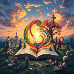An engaging visual representation of the intersection between art and philosophy, depicting a colorful, vibrant landscape featuring an open book with swirling abstract art emerging from its pages
