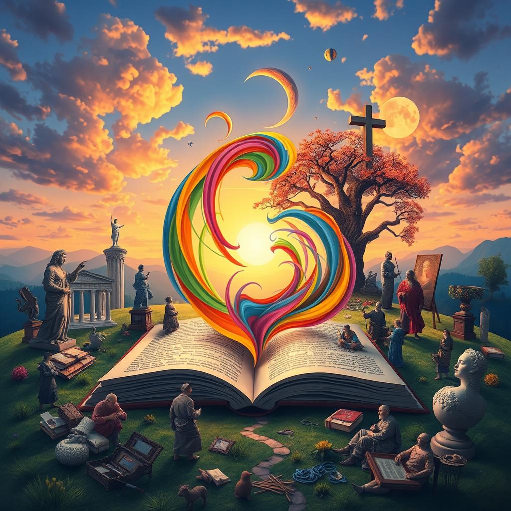 An engaging visual representation of the intersection between art and philosophy, depicting a colorful, vibrant landscape featuring an open book with swirling abstract art emerging from its pages