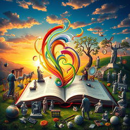 An engaging visual representation of the intersection between art and philosophy, depicting a colorful, vibrant landscape featuring an open book with swirling abstract art emerging from its pages
