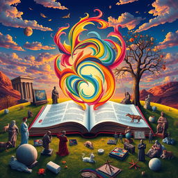 An engaging visual representation of the intersection between art and philosophy, depicting a colorful, vibrant landscape featuring an open book with swirling abstract art emerging from its pages