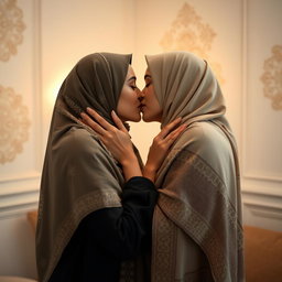 An intimate moment between two women wearing hijabs, locked in a passionate kiss, both showcasing their cultural attire with beautifully patterned hijabs