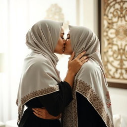 An intimate moment between two women wearing hijabs, locked in a passionate kiss, both showcasing their cultural attire with beautifully patterned hijabs