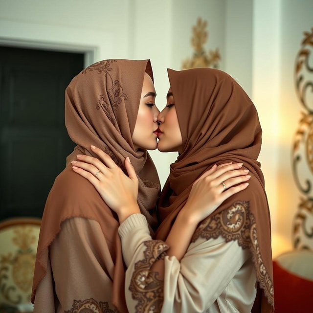 An intimate moment between two women wearing hijabs, locked in a passionate kiss, both showcasing their cultural attire with beautifully patterned hijabs