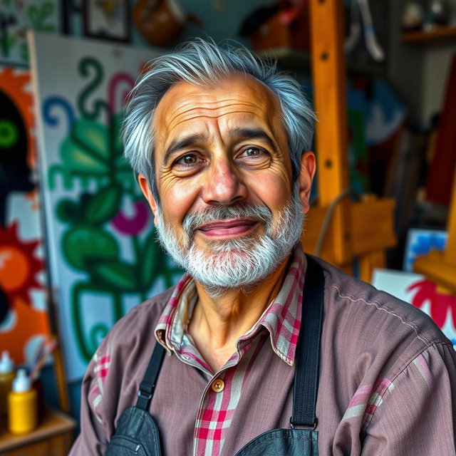 An artistic and vibrant portrait of Mortaza Memiz, a famous Iranian painter and artist known for his unique style, capturing his essence through a blend of classic and contemporary art elements
