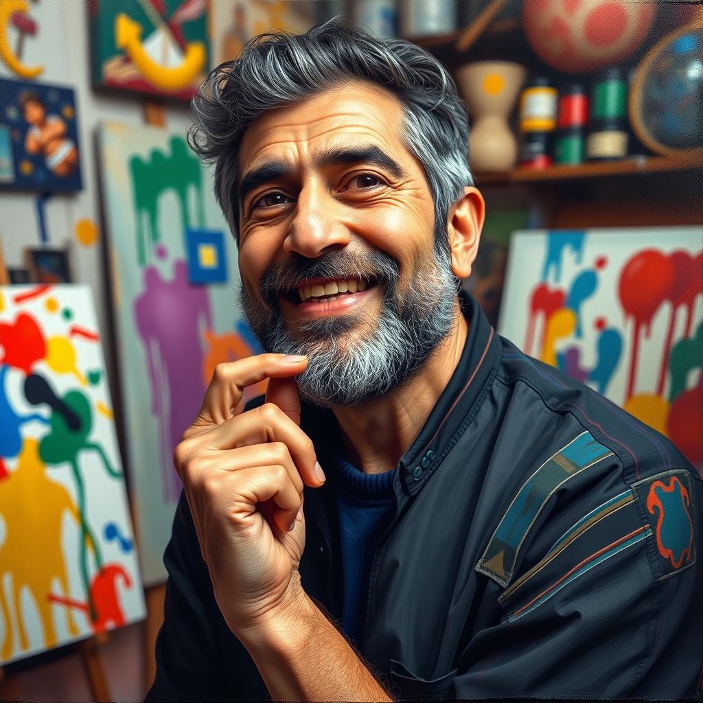 An artistic and vibrant portrait of Mortaza Memiz, a famous Iranian painter and artist known for his unique style, capturing his essence through a blend of classic and contemporary art elements