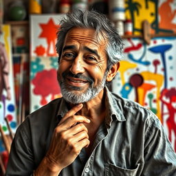 An artistic and vibrant portrait of Mortaza Memiz, a famous Iranian painter and artist known for his unique style, capturing his essence through a blend of classic and contemporary art elements