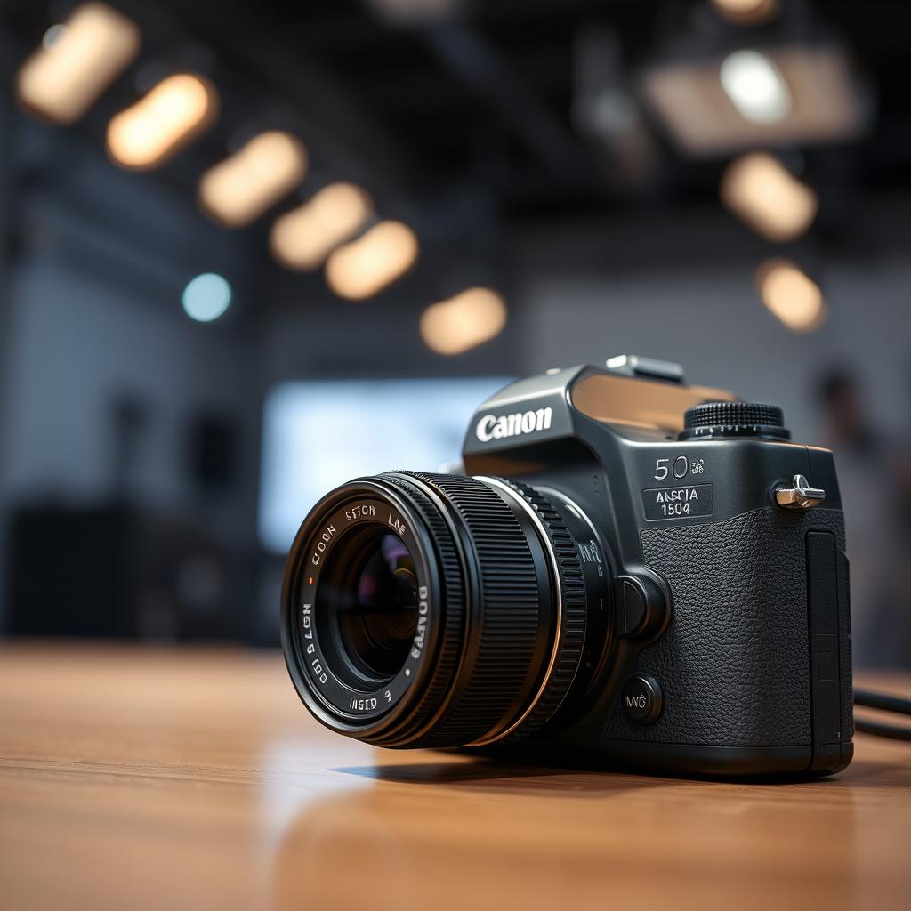 A close-up view of a specific camera model, the Canon 1504, showcasing its sleek design and intricate details