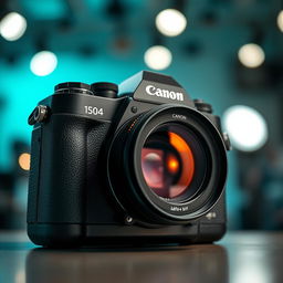 A close-up view of a specific camera model, the Canon 1504, showcasing its sleek design and intricate details