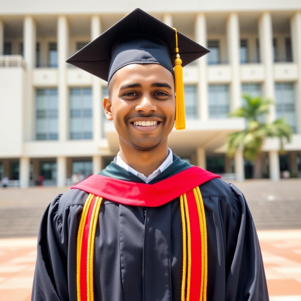 A proud graduate wearing a traditional academic gown and cap, standing in front of the BMICH (Bandaranaike Memorial International Conference Hall) in Colombo, Sri Lanka