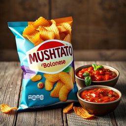A visually appealing 3D rendering of a bag of "MUSHTATO" potato chips featuring a bolognese flavor