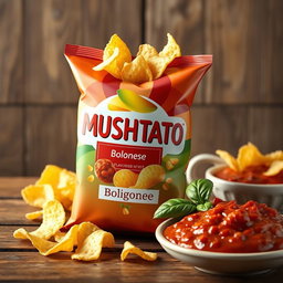 A visually appealing 3D rendering of a bag of "MUSHTATO" potato chips featuring a bolognese flavor