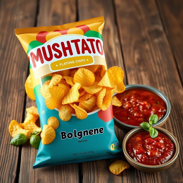 A visually appealing 3D rendering of a bag of "MUSHTATO" potato chips featuring a bolognese flavor