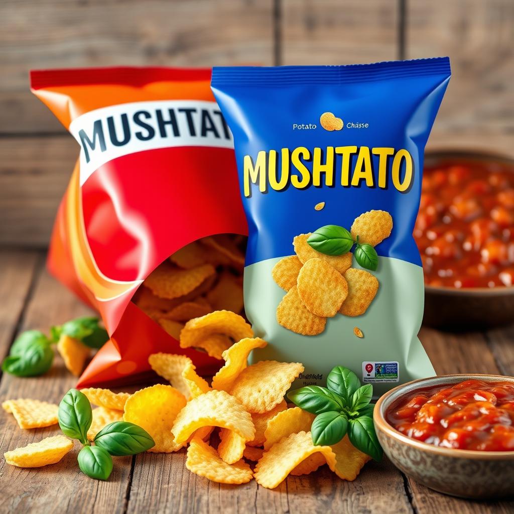 A visually appealing 3D rendering of a bag of "MUSHTATO" potato chips featuring a bolognese flavor