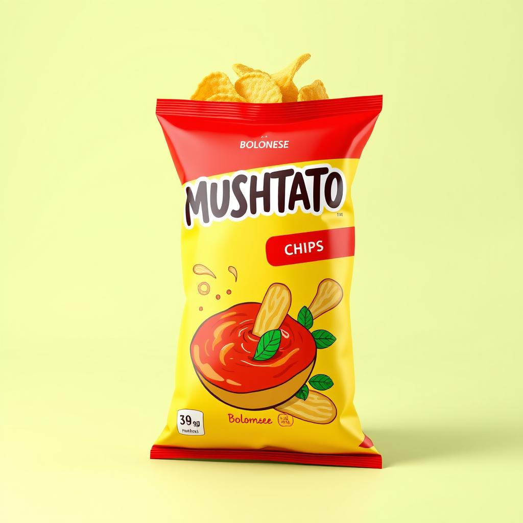 A vibrant and appealing 3D render of 'MUSHTATO' potato chips, flavor labeled as bolognese