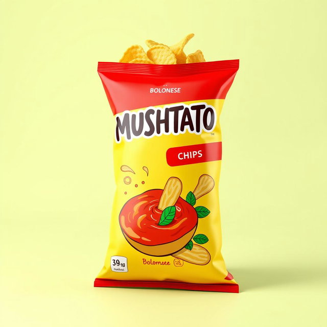 A vibrant and appealing 3D render of 'MUSHTATO' potato chips, flavor labeled as bolognese