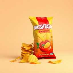 A vibrant and appealing 3D render of 'MUSHTATO' potato chips, flavor labeled as bolognese