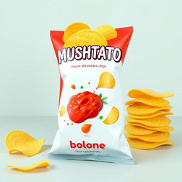 A vibrant and appealing 3D render of 'MUSHTATO' potato chips, flavor labeled as bolognese