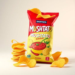 A vibrant and appealing 3D render of 'MUSHTATO' potato chips, flavor labeled as bolognese