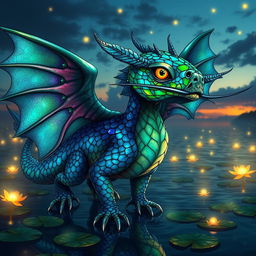 A fantastical dragon with a catfish head, featuring vibrant scales that shimmer in various shades of blue and green