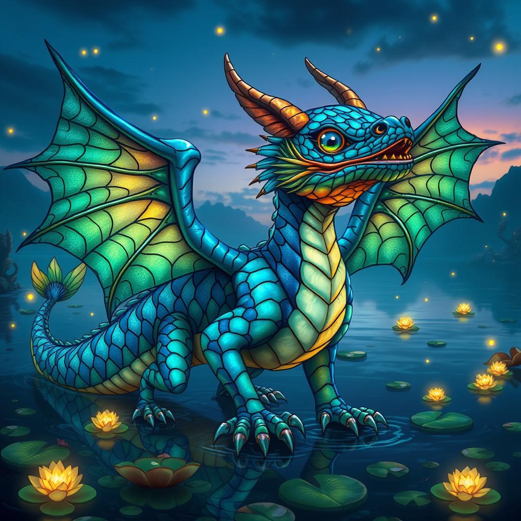 A fantastical dragon with a catfish head, featuring vibrant scales that shimmer in various shades of blue and green