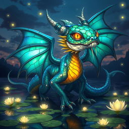 A fantastical dragon with a catfish head, featuring vibrant scales that shimmer in various shades of blue and green