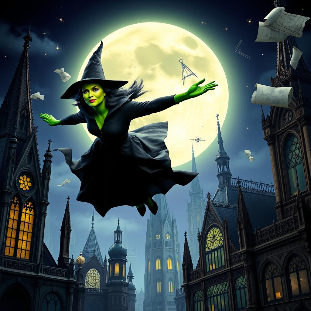 Elphaba from the musical 'Wicked', soaring through the night sky, her green skin glowing against the backdrop of a moonlit city