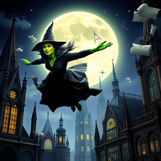 Elphaba from the musical 'Wicked', soaring through the night sky, her green skin glowing against the backdrop of a moonlit city