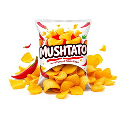 A vibrant 3D rendering of 'MUSHTATO' spicy flavored potato chips packaging