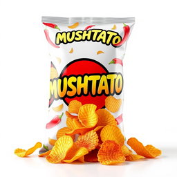 A vibrant 3D rendering of 'MUSHTATO' spicy flavored potato chips packaging
