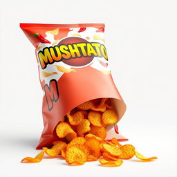 A vibrant 3D rendering of 'MUSHTATO' spicy flavored potato chips packaging