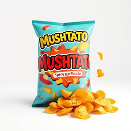A vibrant 3D rendering of 'MUSHTATO' spicy flavored potato chips packaging